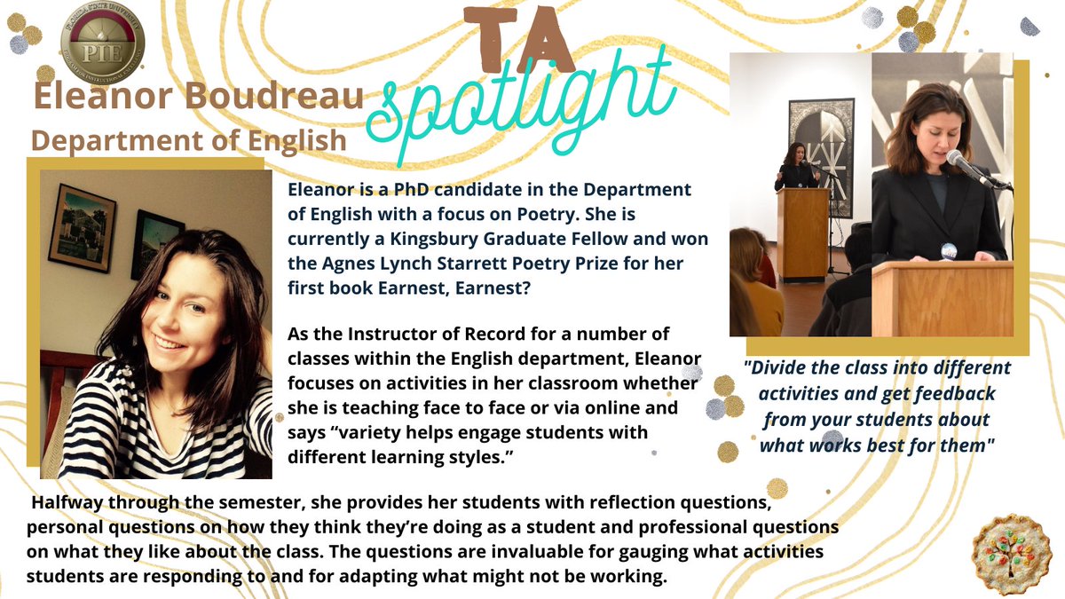 FSU_PIE's tweet photo. This week's #TAspotlight goes to Eleanor Boudreau @EleanorBoudreau from @fsu_englishdept, who's also featured in our Newsletter. Eleanor's tip:"Divide the class into different activities and get feedback from your students about what works for them” Great work!#FSU #FSUGS @FSUGS https://t.co/k9yZS8XpCQ