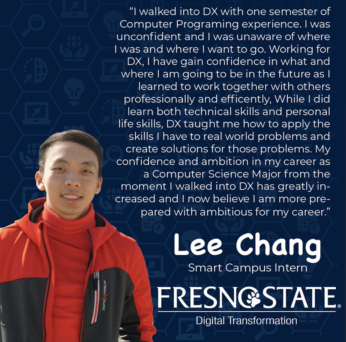 FresnoStateDX's tweet photo. Hear from our interns about their experience working at the DX Hub. To support our program, click the link: https://t.co/4UjTKT3byE
#FresnoStateDOG #FresnoStateDX https://t.co/IoE6Mq9lgz