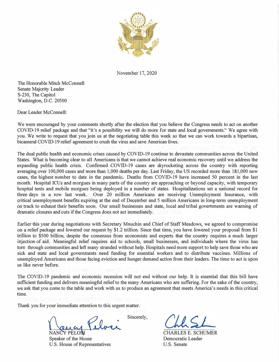 Communities nationwide are being devastated by the dual public health &amp; economic crises brought about by COVID-19. For the sake of the country, it is time for Leader McConnell to come to the negotiating table &amp; work with Democrats to deliver relief for suffering Americans.