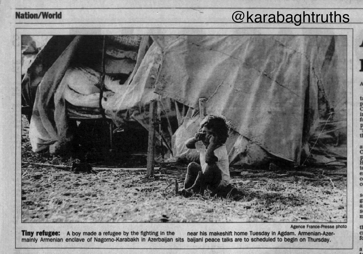 karabaghtruths's tweet photo. Chicago Tribune, Jul 22 1993 - "Tiny refugee - A boy made a refugee by [#Armenian forces]... in Nagorno-#Karabakh in #Azerbaijan sits near his makeshift home in #Agdam." #Karabagh https://t.co/XVB5JFItVG