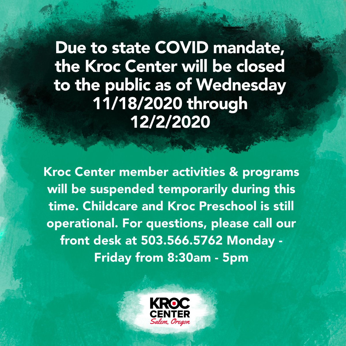 As of Wednesday, 11/18, there will be no public or member access to the Kroc Center and regular programs and offerings will be suspended suspended through 12-2. Childcare and preschool will still be available.

Questions? Please call our front desk Mon - Fri from 8:30am - 5pm.