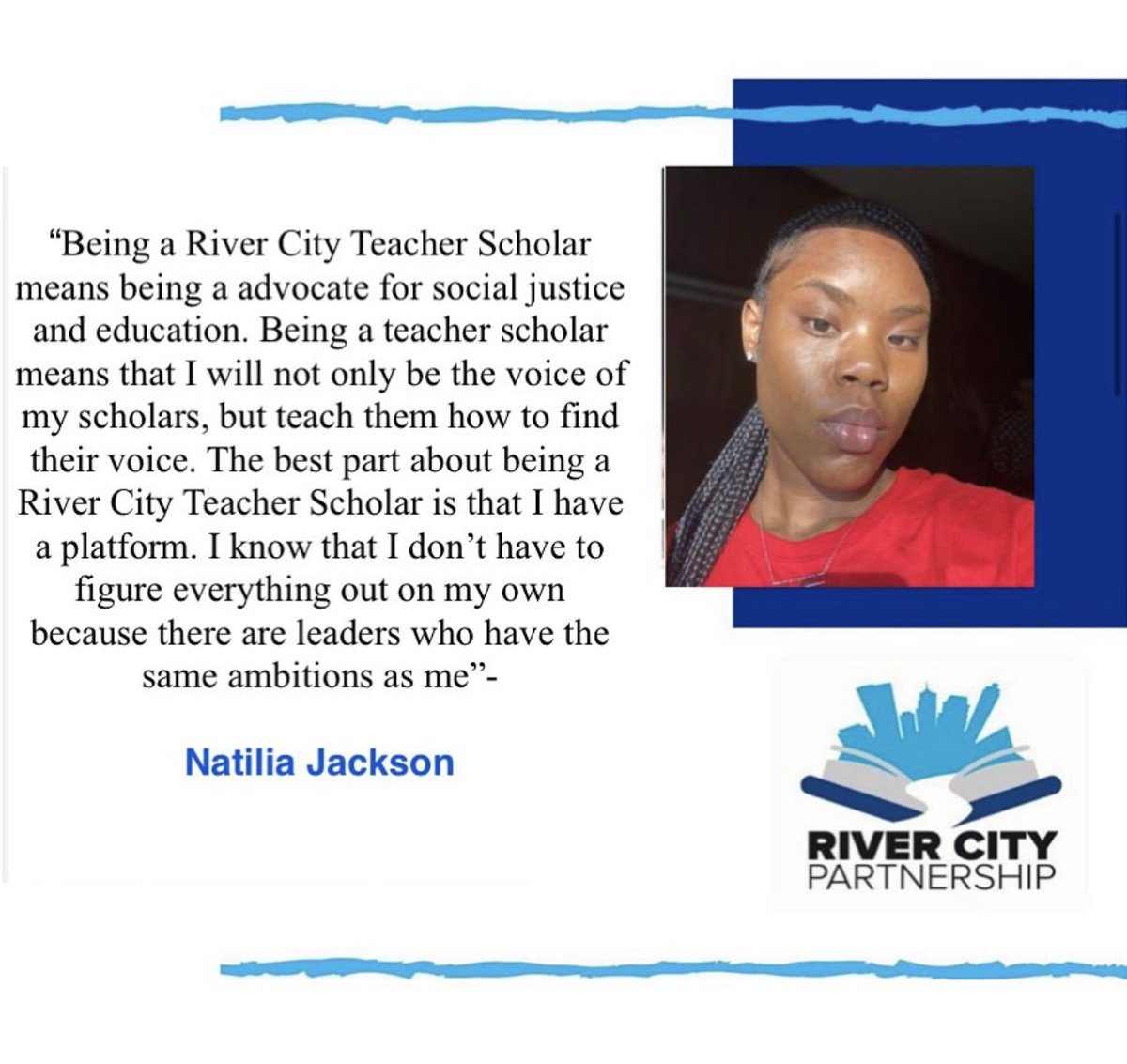 UofMRCP's tweet photo. Meet at one of our Amazing River City Undergraduate Teacher Scholars, Natilia. She is truly  passionate about advocacy. Learn how you can join Natilia  and the rest of our teacher scholars at Memphis.educator/rcp 💙🐯 #RiverCityPartnership #UniversityofMemphis #UofMEducation https://t.co/KRNCRmjPlD