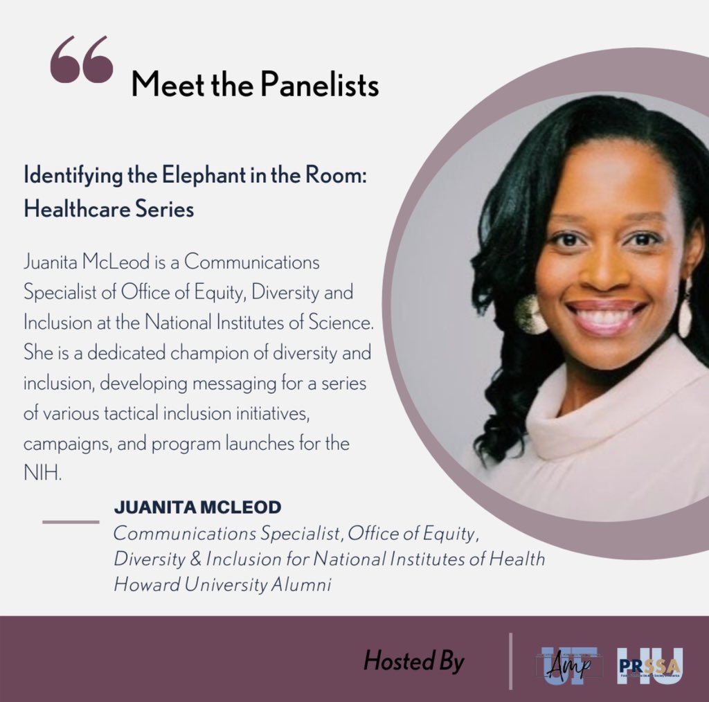 AMP_org_'s tweet photo. Tomorrow, we will #FaceTheElephant in the healthcare industry with @HowardU alumna Juanita McLeod, a Communications Specialist who works with the Office of Equity, Diversity and Inclusion at the National Institutes of Science. Register for FREE: https://t.co/kMz5WX5hSh https://t.co/KLBHMJYeEj