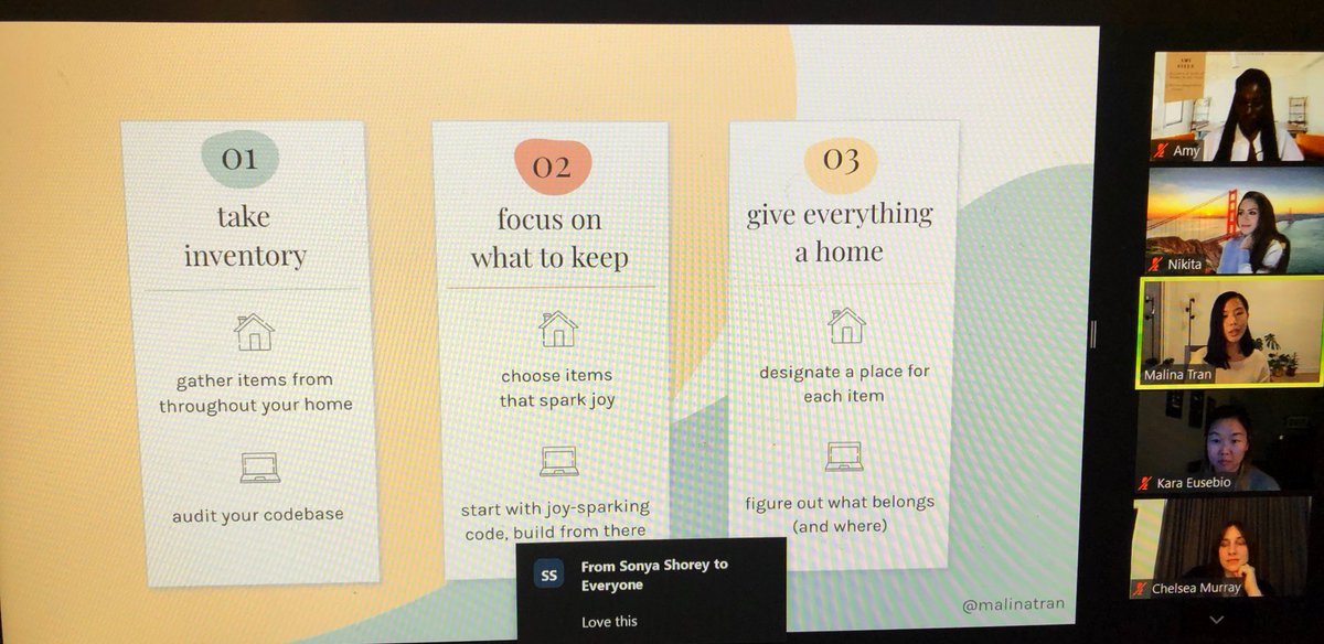 LeClairKatie's tweet photo. 💫 Malian Tran wow-ing us all w/ a beautiful slide deck, and an epic talk titled “Write Code That Sparks Joy” 👏
@womenandcolor #speakerbootcamp
@malinatran - impressive. https://t.co/mAIBBf0WjX