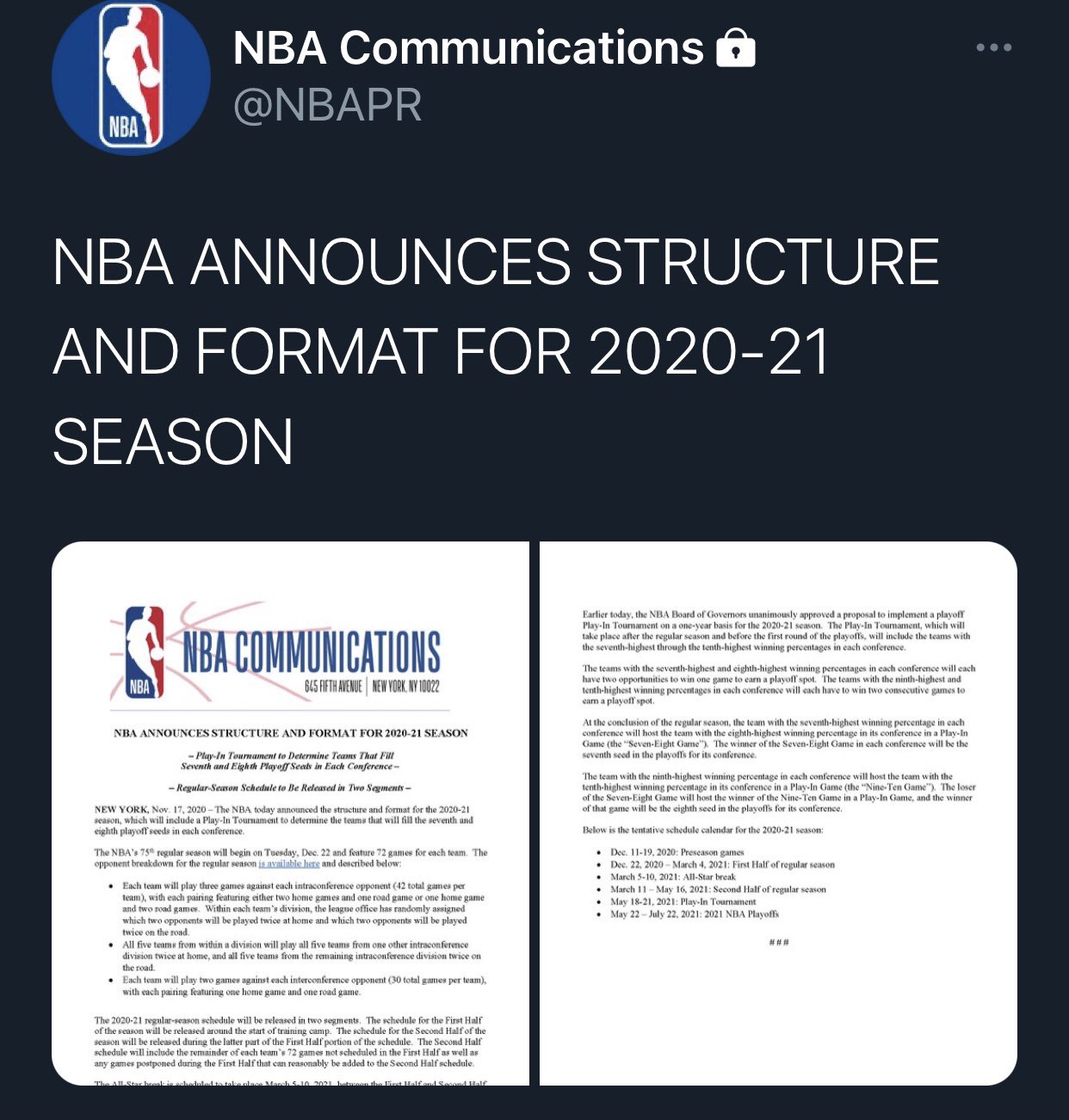 NBA announces 2020-21 season format with post-season play-in