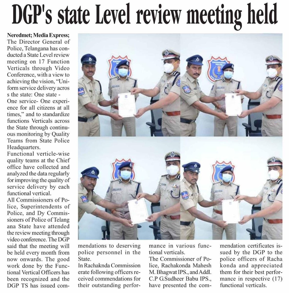 MalkajgiriCop's tweet photo. #CP_Rachakonda Sri Mahesh Bhagwat, IPS & #Addl_CP Sri G.Sudheer Babu, IPS presented DGP #CommendationCertificates to 19 Police officers of #RCK who were selected as #best Functional Vertical Officers in different FVs - 2019 during State level #Online meeting with #DGP_TS. https://t.co/brTgr98wep