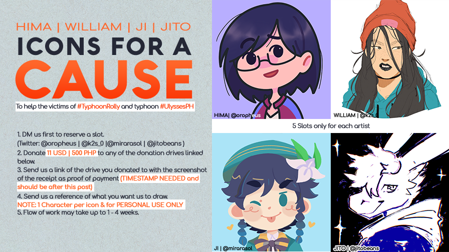 Hello everyone! RTs appreciated!💖

My friends and I are opening Icons for a CAUSE to help aid the victims of #TyphoonRolly #UlysessPH 

We will be accepting 5 slots only for each artist. 100% of the proceeds will be donated to our chosen donation drive.