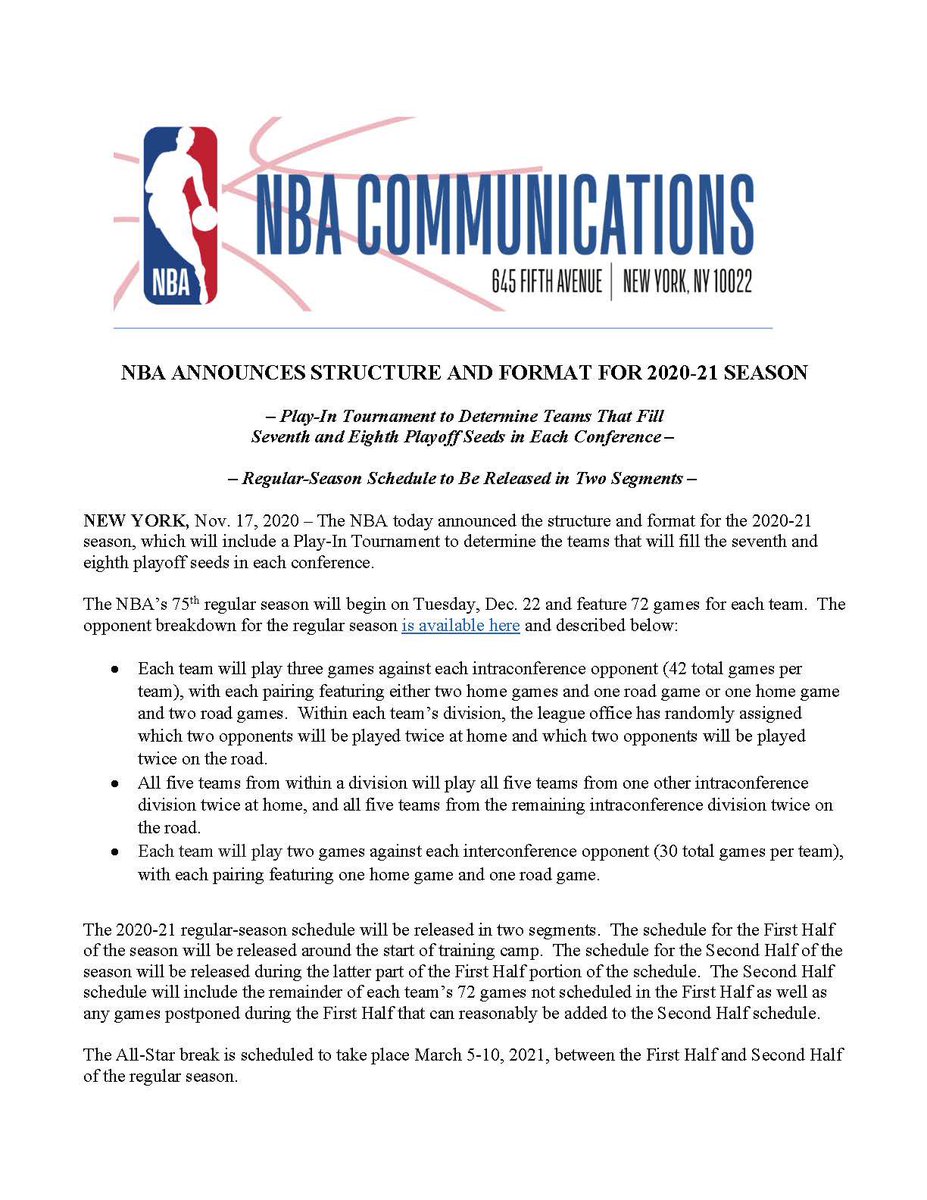 MikeAScotto's tweet photo. The NBA announced updates on a play-in tournament for the seventh and eighth seeds in each conference and scheduling for the 2020-21 season. https://t.co/IDZ0JXf5Ls