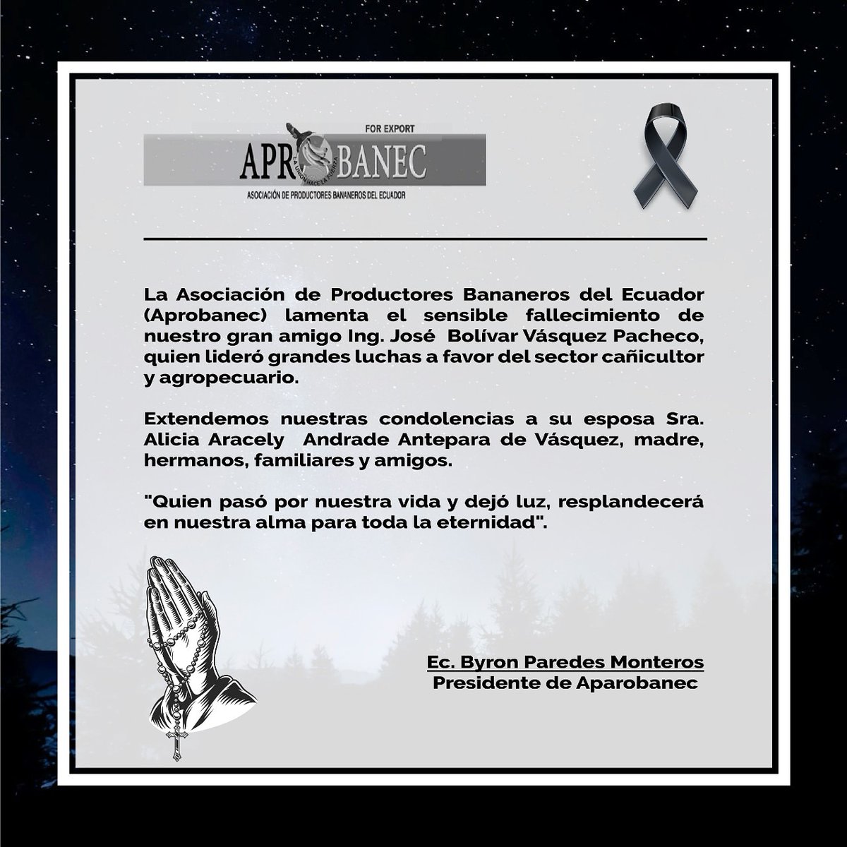 monte_byron's tweet photo. La irreparable pérdida de nuestro gran amigo y compañero de lucha,  Ing. José Vásquez, deja un gran vacío a quienes tuvimos el privilegio de conocerlo. Abrazamos a su familia. 

Descansa en paz 🙏
@canicultores https://t.co/9ima2OLrio