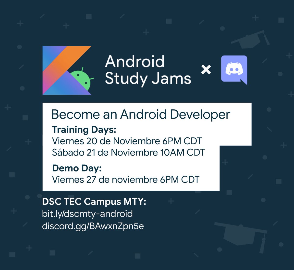 dsctecmty's tweet photo. 📣La fecha se acerca📣
¡DSC TEC MTY te invita al Android Study Jam este viernes!

Conviértete en un expertx de creación de aplicaciones para Android y obtén un certificado oficial de Google Developers https://t.co/ariFrwGMYa