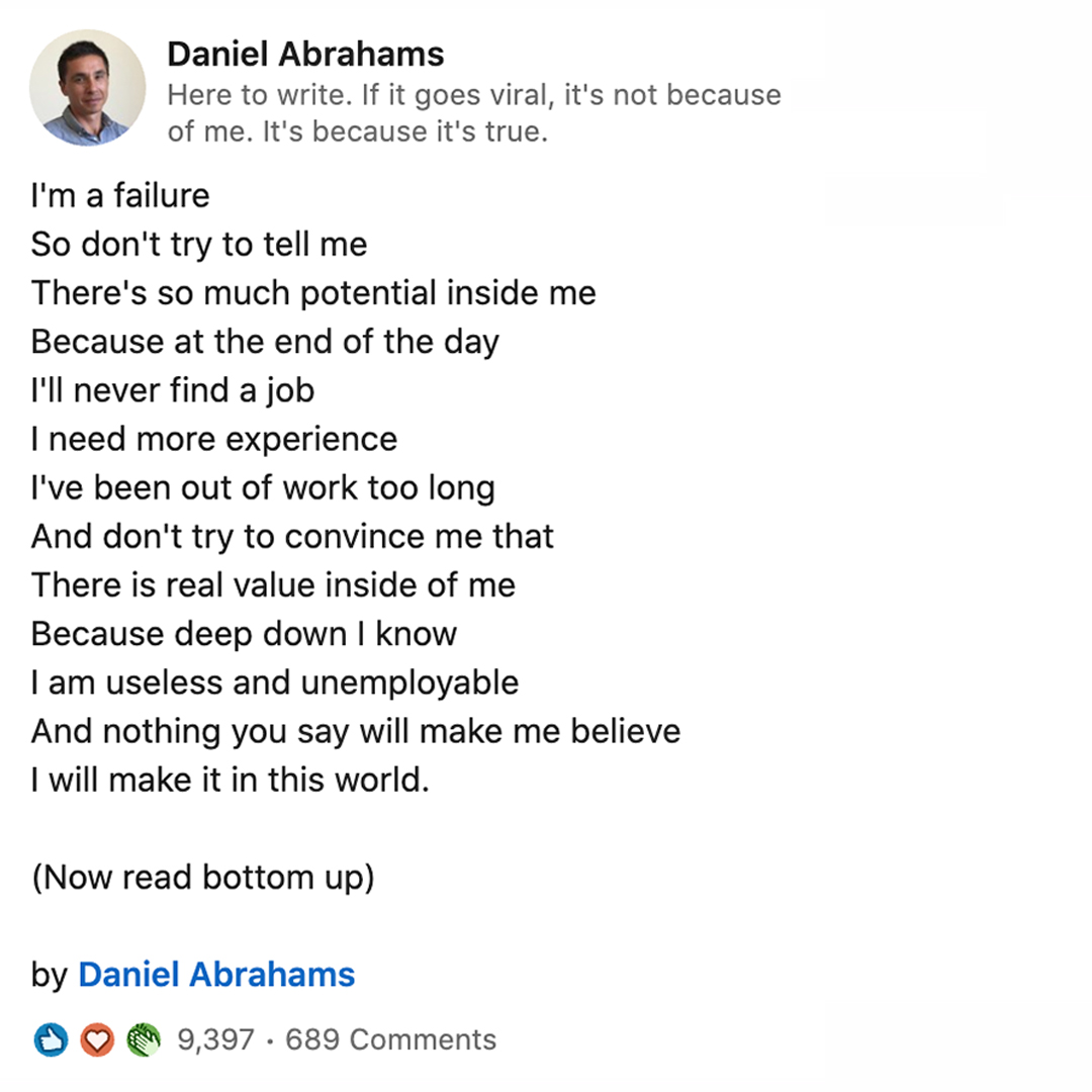 _danabrahams's tweet photo. A #reversepoem I wrote for LinkedIn. https://t.co/tOzn0kMX1n