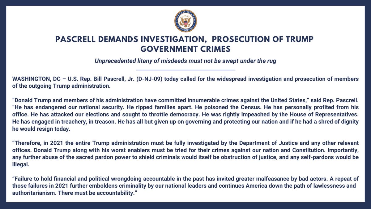 BillPascrell's tweet image. Tonight I’m calling for the eventual prosecution of donald trump and his enablers for their many crimes against the United States.