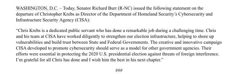 More GOP support for Krebs - this from Richard Burr, member of Senate Intel and former chairman of committee, saying he did a “remarkable job”