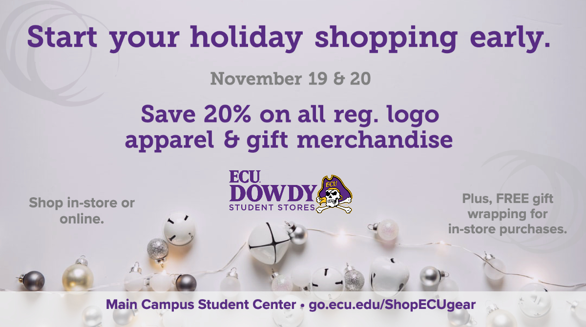 👉 It's Almost Here!  #ECU Dowdy Holiday Sale is Thurs-Fri, Nov 19-20. 🎄 20% off reg logo clothing/gifts store-wide! 10a-5p, Main Student Ctr. 🎅 SALE at HEALTH SCI STORE, THURSDAY 10a-2p. 💻 Online: go.ecu.edu/ShopECUgear  #PirateNation #ECUPirates #DowdyHolidays