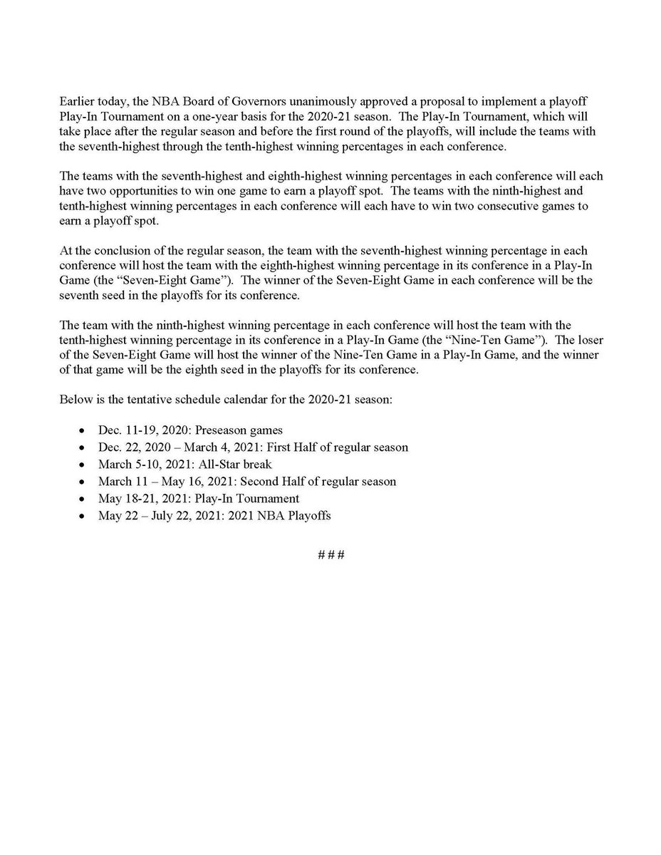 NBA announces structure and format for 2020-21 season