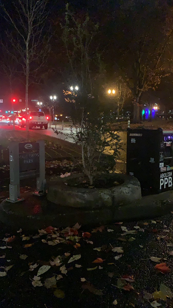 The middle of the street with a sign on the  far left that says mills end park. A line of three squeaker pigs just to the right of the sign. A scraggly bush is in the middle with the speaker on the right.