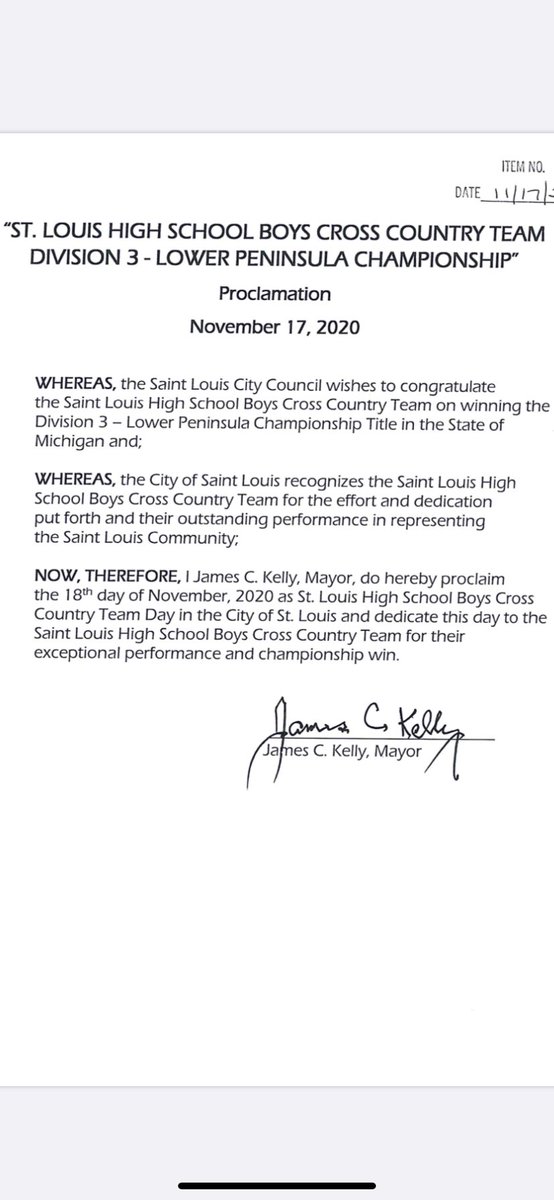 SLHSAcademics's tweet photo. Wednesday, November 18, is officially St. Louis High School Boys Cross Country Team Day in the City of St. Louis! https://t.co/1dwiibheF0