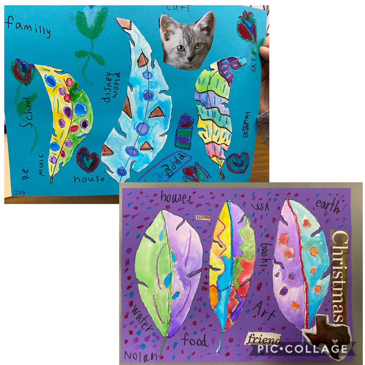 HVEArt's tweet photo. 3rd grade @cazaress123 Gratitude Feathers! Look at all these great things they are thankful for! 🥰 #lifeisgoodathve https://t.co/fqqAo6kfR9