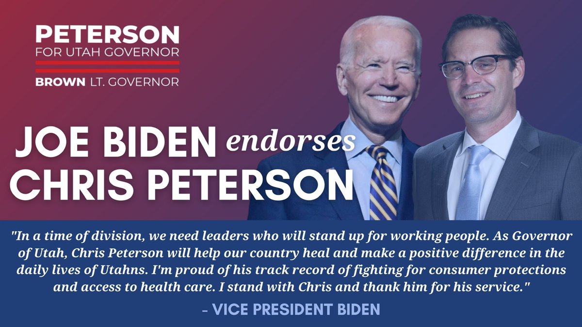 . @JoeBiden endorsed our campaign stating “Chris Peterson will help our country heal and make a positive difference in the daily lives of Utahns. I’m proud of his track record of fighting for consumer protections and access to health care. I stand with Chris and thank him ...” 6/8