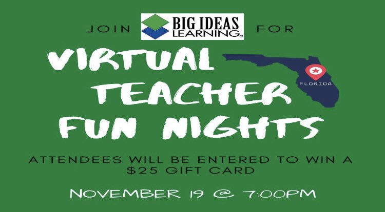 Join us this Thursday evening for a chance to win a $25 gift card and have some fun interacting with fellow teachers. Spend less than 30 minutes having fun and hopefully winning a gift card!  #BigIdeasFL
Register at this link: bit.ly/32pIQTl