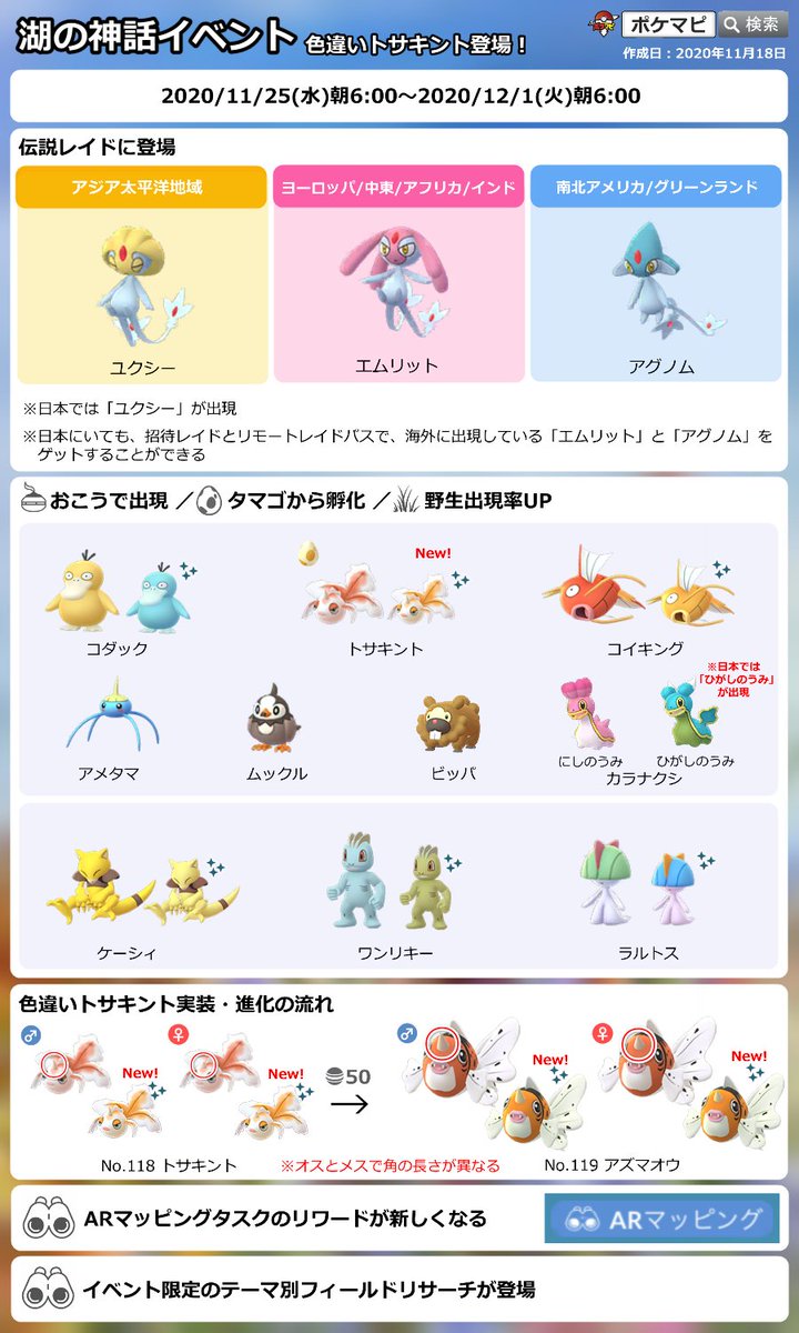 ポケモンgo攻略情報 ポケマピ 在 Twitter 上 湖の神話イベント開催 期間 11 25 水 朝6時 12 1 火 朝6時 ユクシー エムリット アグノム伝説レイド 日本ではユクシーが出現 招待レイドとリモートレイドパスで日本にいながらエムリット アグノムのゲット