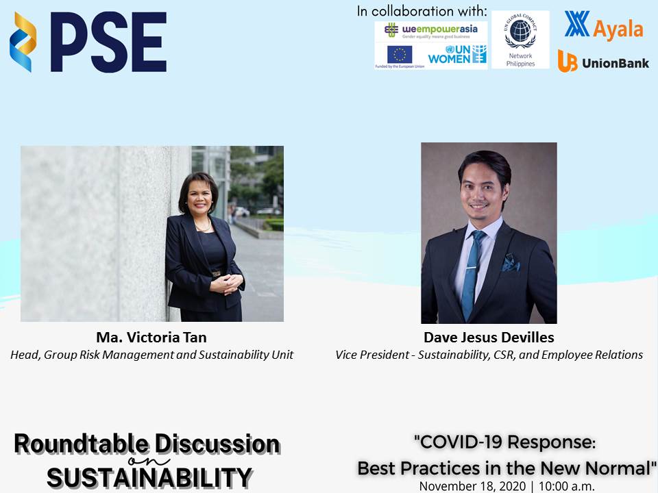 PhStockExchange's tweet photo. HAPPENING NOW: PSE’s Roundtable Discussion for Publicly Listed Companies on COVID-19 Response: Best Practices in the New Normal
Event speakers are Ma. Victoria Tan of @Ayala_1834 and Dave Jesus Devilles of @unionbankph.
#PSEGoals #Sustainability https://t.co/D7Xb9l4byW
