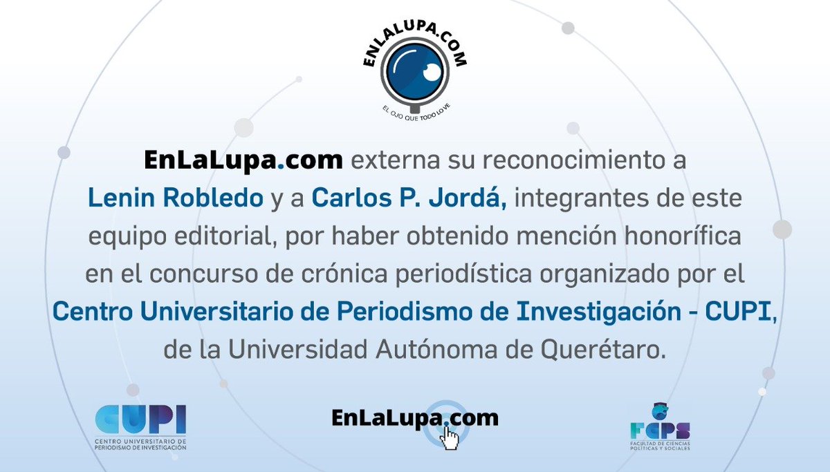 Felicidades @leninrobledo_  <a href="/carlospjorda/">Carlos P. Jordá</a>, y todo el equipo de <a href="/EnLaLupaQro/">lalupa.mx</a> por su calidad periodística:  <a href="/patylon/">patricia lópez</a> <a href="/Enrique_Zamudio/">Enrique Zamudio</a> <a href="/Domingovarriaga/">Domingo Valdez</a> <a href="/CUPIUAQ/">CUPI - UAQ</a>  <a href="/carloaguilarg/">Daniel Aguilar G</a> Te dejamos los trabajos ganadores:
enlalupa.com/2019/11/02/tap…
enlalupa.com/2019/10/28/tap…
enlalupa.com/2019/10/04/art…