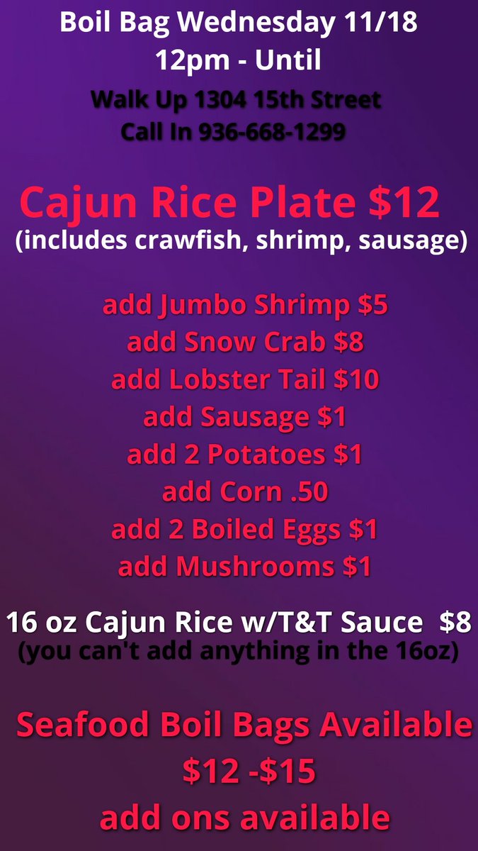 TarasCajunCookn's tweet photo. Retweet
Snowcrab, Shrimp, Lobster, Boil Bags, Seafood Loaded Cajun Rice on Wednesday In Huntsville #therightspice #therightprice #Huntsville #shsu #walkercounty #cajun Right next to Sipsey's Coffee & Daquiri's
Retweet https://t.co/9OLpOnJvlG