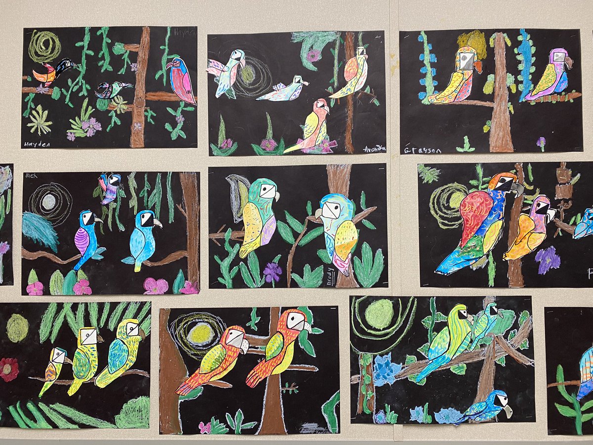 HVEArt's tweet photo. 4th grade @hughlettna @ThomasonHVE @HVE4thBrainiacs beautiful “Macaws at Night” project. Watercolor and oil pastels-they all turned out so well!!! #lifeisgoodathve https://t.co/DHdXXgNU7P