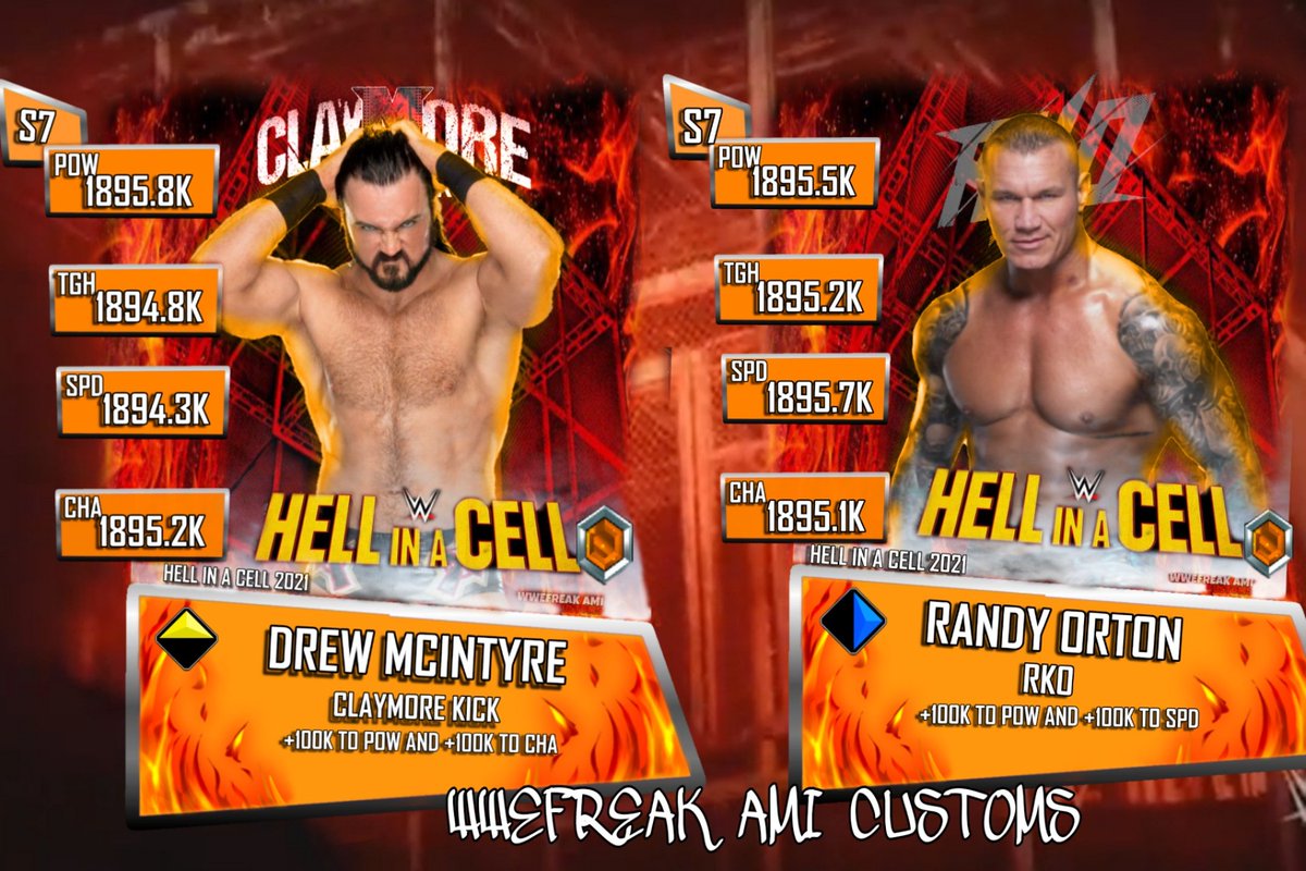 WwefreakA's tweet photo. Introducing the New HELL IN A CELL 2021 Tier made by me. Hope you guys like these 2 cards and if this tweet can get to 100 likes I will make a entire Tier full of 40 superstars! https://t.co/0krX7Mcczl