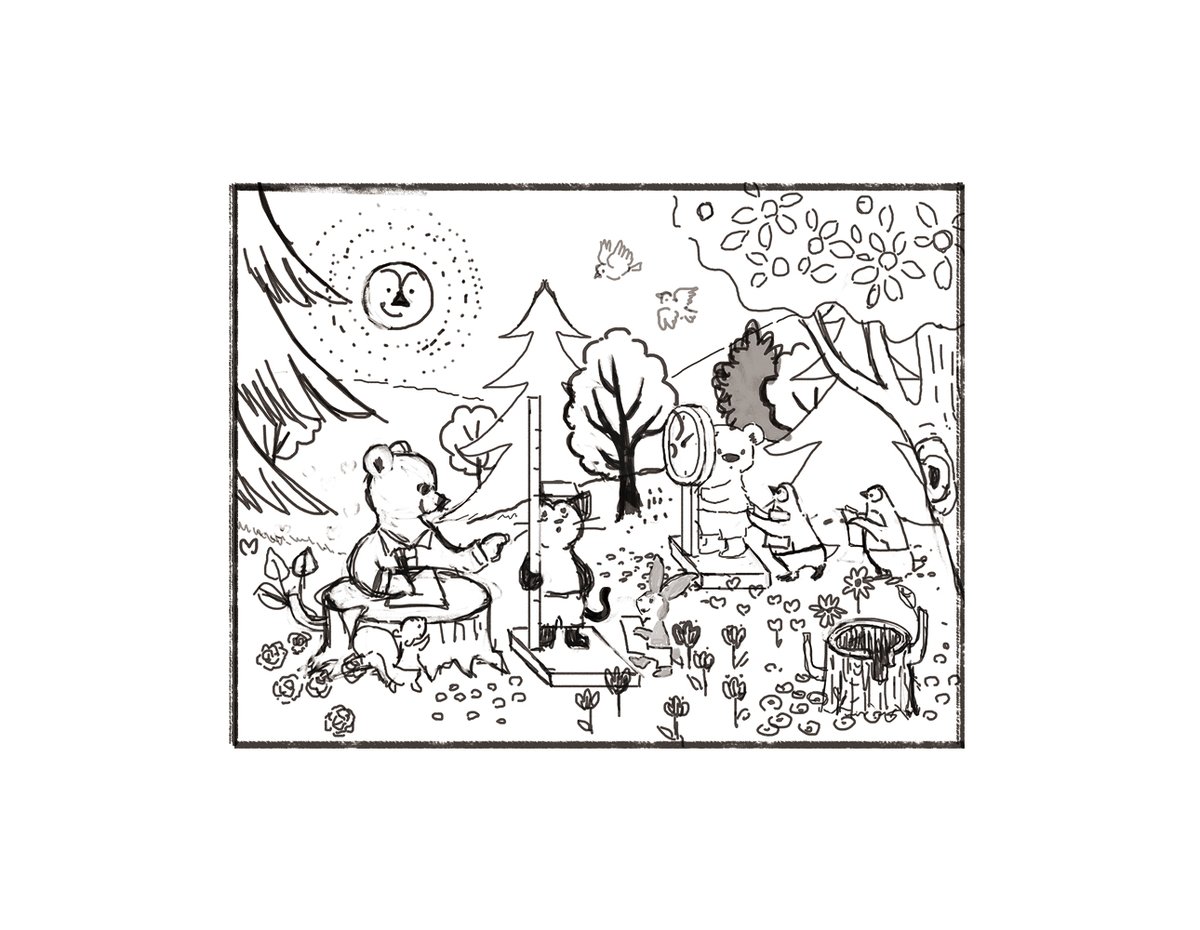 おおでゆかこ 絵本作家 イラストレーター 皆さん線画と塗った後を見せてください 健康教室4月号 より 大体いつも線画から小さなアレンジが加わっていきます