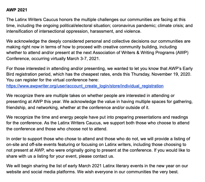 LatinxCaucus's tweet image. We recognize there are multiple takes on whether people are interested in attending or presenting at AWP this year. We acknowledge the value in having multiple spaces for gathering, friendship &amp;amp; networking, whether at the conference and/or outside of it.
docs.google.com/document/d/1d4…