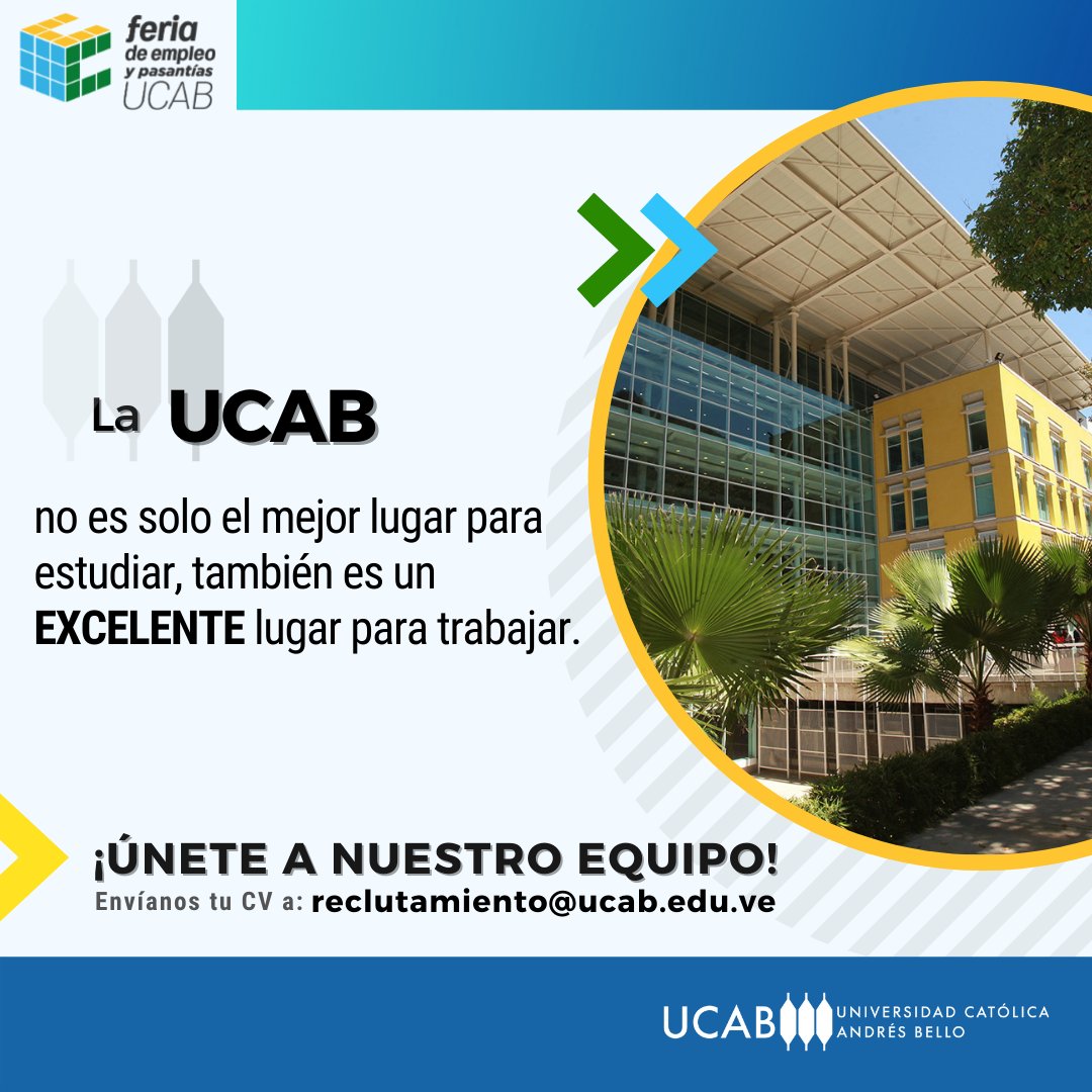 egresados_ucab's tweet photo. La #UCAB no es solo el mejor lugar para estudiar, también es un EXCELENTE lugar para trabajar. Aquí formarás parte de un espacio lleno de oportunidades, donde TODOS somos importantes. ¿Qué esperas? ¡Únete a nuestro equipo! Envíanos tu CV a reclutamiento@ucab.edu.ve
.
@enlaucab https://t.co/u9Le0Oijn2