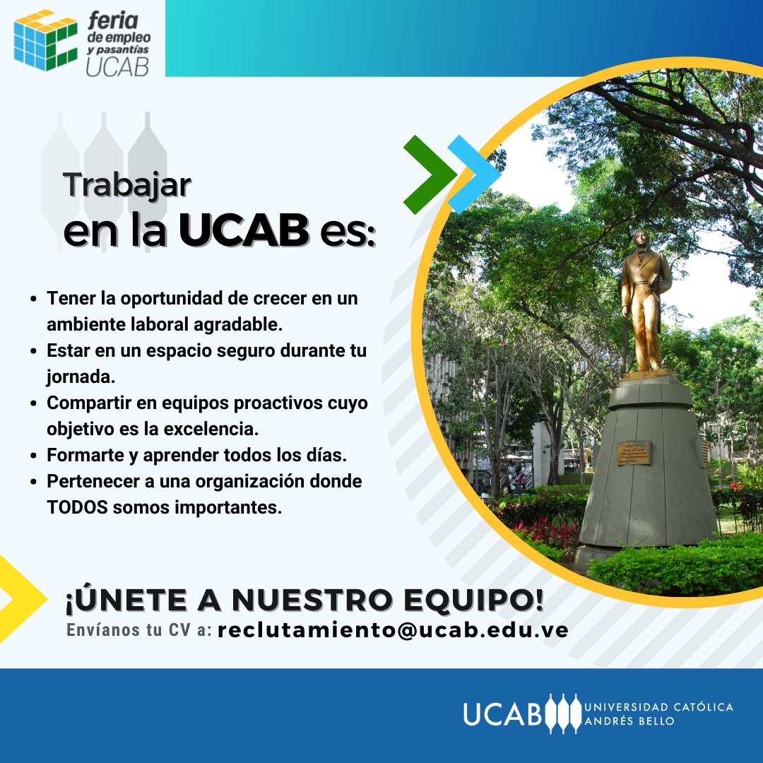 egresados_ucab's tweet photo. La #UCAB no es solo el mejor lugar para estudiar, también es un EXCELENTE lugar para trabajar. Aquí formarás parte de un espacio lleno de oportunidades, donde TODOS somos importantes. ¿Qué esperas? ¡Únete a nuestro equipo! Envíanos tu CV a reclutamiento@ucab.edu.ve
.
@enlaucab https://t.co/u9Le0Oijn2