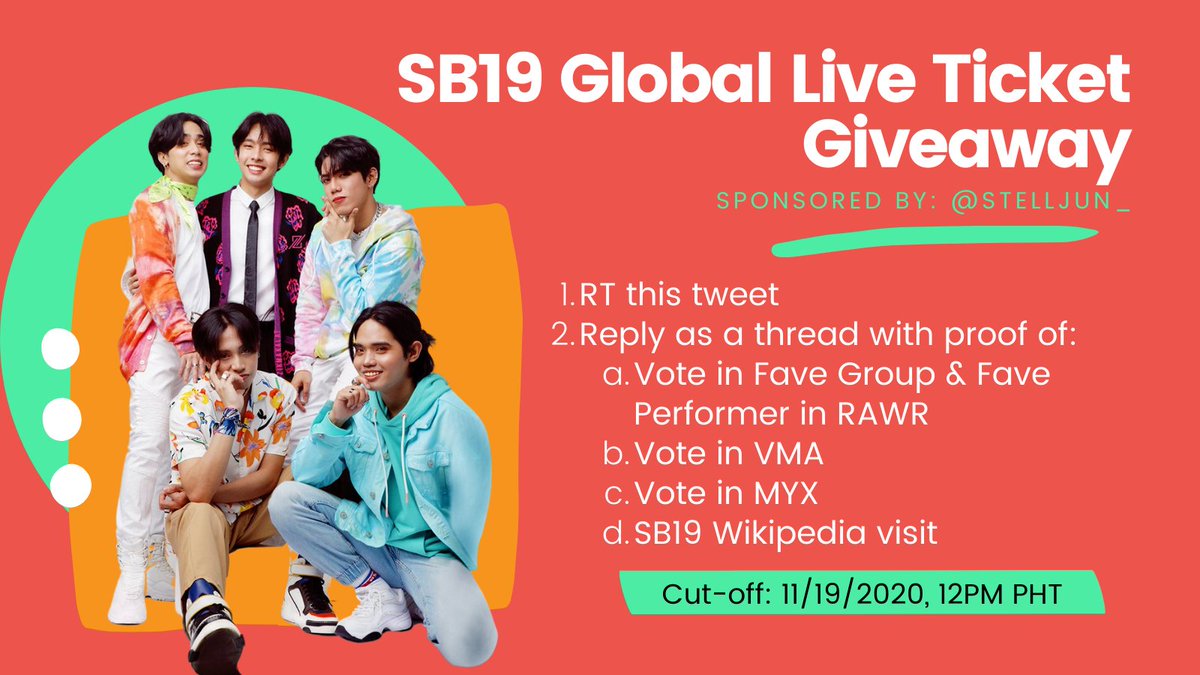 SB19TrendsPH's tweet photo. 3 days to SB19's Global Live Online Concert! Still got no tickets? Join our giveaway sponsored by @Stelljun_ &amp; get a chance to win one of 5 Global Live tickets! Follow mechanics below to join.

REQUEST @SB19Official @MTV #FridayLivestream

SB19 VotingDay
#SamahangPinaEasy https://t.co/rLEf0xdP8y