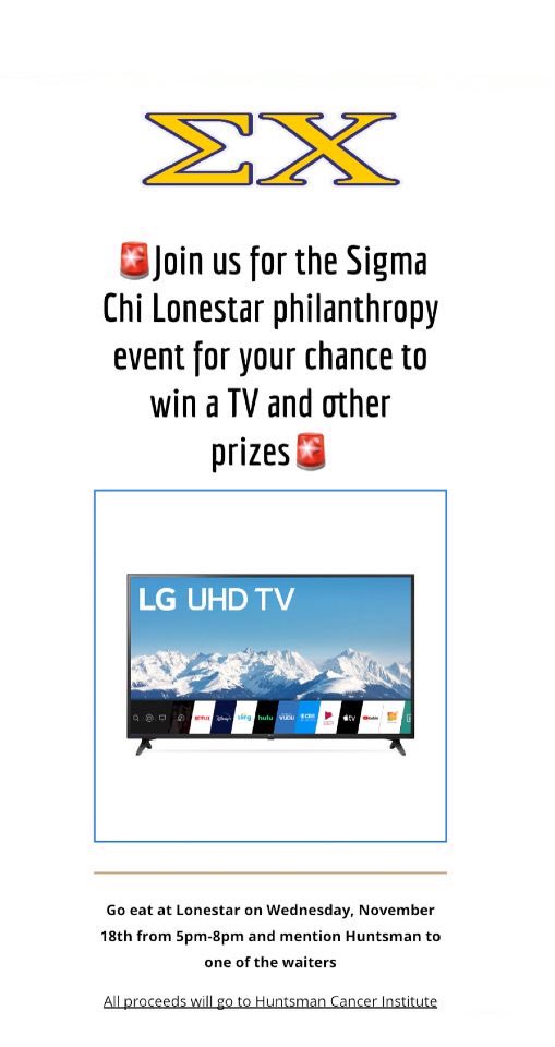 SigmaChiETX's tweet photo. Come out to Lonestar tomorrow from 5-8pm to win a TV and support cancer research! #HuntsmanCancerFoundation #RushSigmaChi https://t.co/1pSyCl5sKu