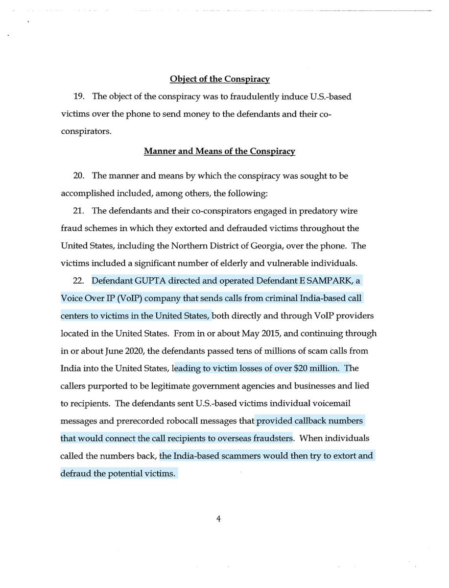 INDICTMENTE Sampark (1) count(s) 1, 2-10Gaurav Pravinkumar Gupta (2) count(s) 1, 2-10 with forfeiture provisionServerPronto, a/k/a Infolink Global CorporationMay 2015- June 2020defendants passed tens of millions of scam calls from India into USA victim losses of > $20M