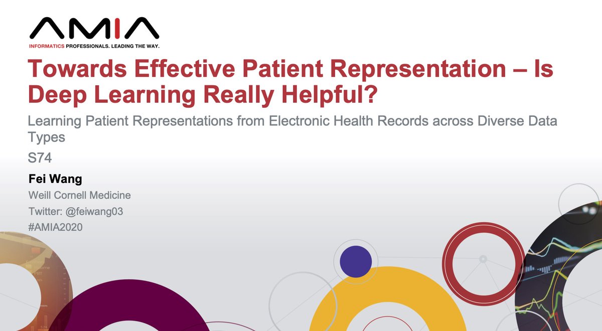 feiwang03's tweet photo. Want to know how to construct effective patient representation from clinical data (especially EHR) and whether deep learning can be really helpful, come to our panel S74 at #AMIA20 tomorrow on 10am @AMIAinformatics https://t.co/QBcOqvveSE