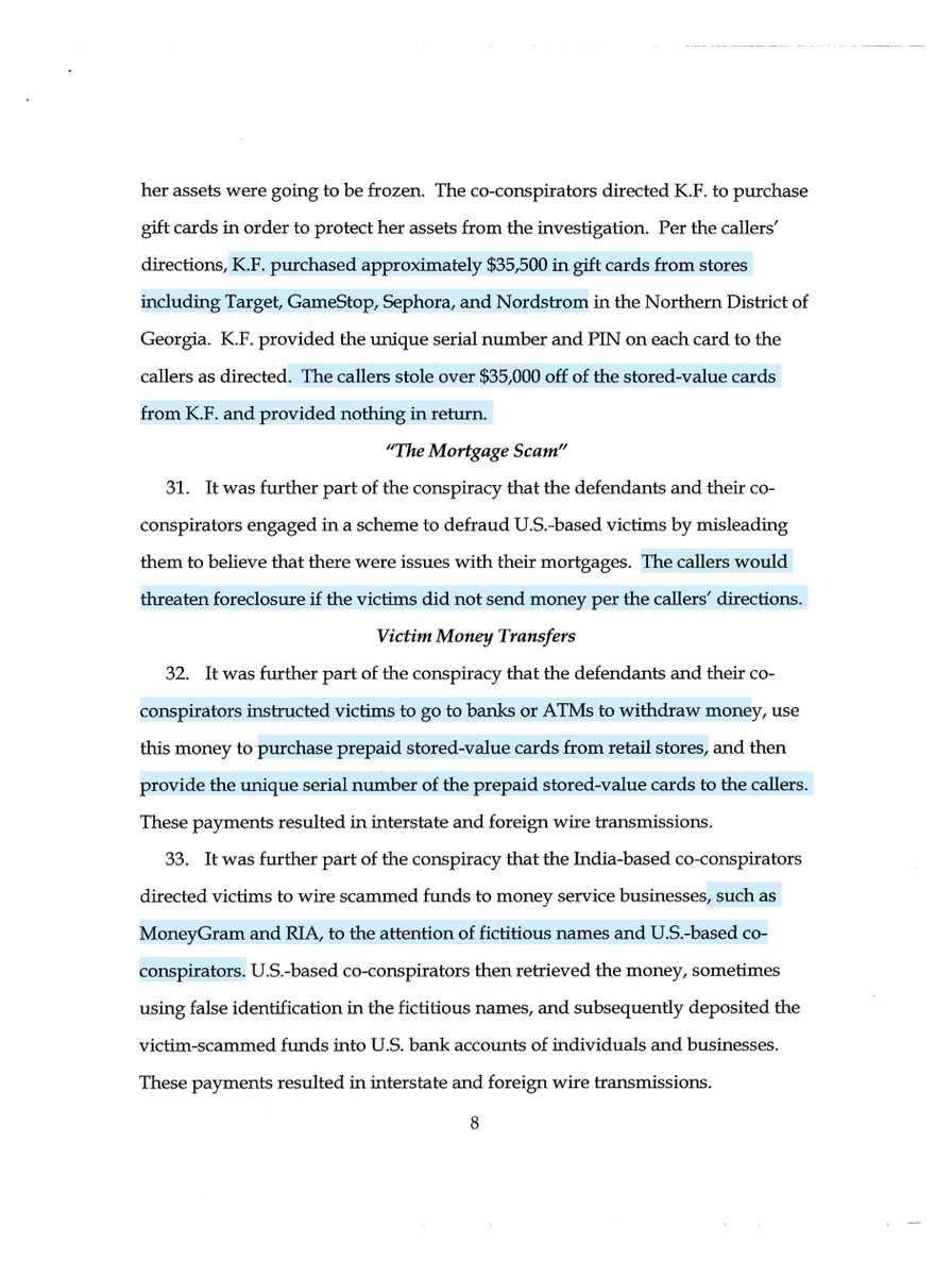 It wasn’t just Gift Cards:“defendants and their co-conspirators utilized various scam types, including IRS impersonation, Social Security number, loan, and mortgage scams” kept victims on the phone for HOURSIndictment  https://ecf.gand.uscourts.gov/doc1/055113103587