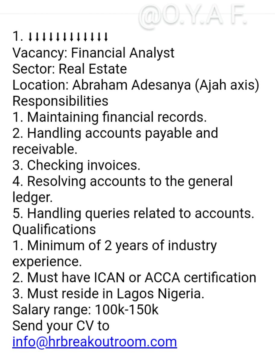 OYAfoundation's tweet photo. #jobsearch #ReportingManager #FinancialAnalyst #job #CostAccountant #ChiefAccountant #Accountant #Lagos #Nigeria https://t.co/JFCMPsYe9J