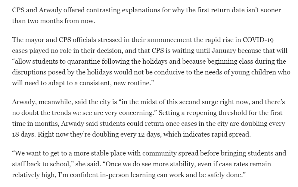 This is updated. Some thoughts:The mayor/CPS (weirdly, I must say) tried to make it clear that its decision to reopen 2 months from now instead of today has nothing to do with Chicago's rapid rise of infections. Yet for the first time, the city's top doctor seemed more hesitant