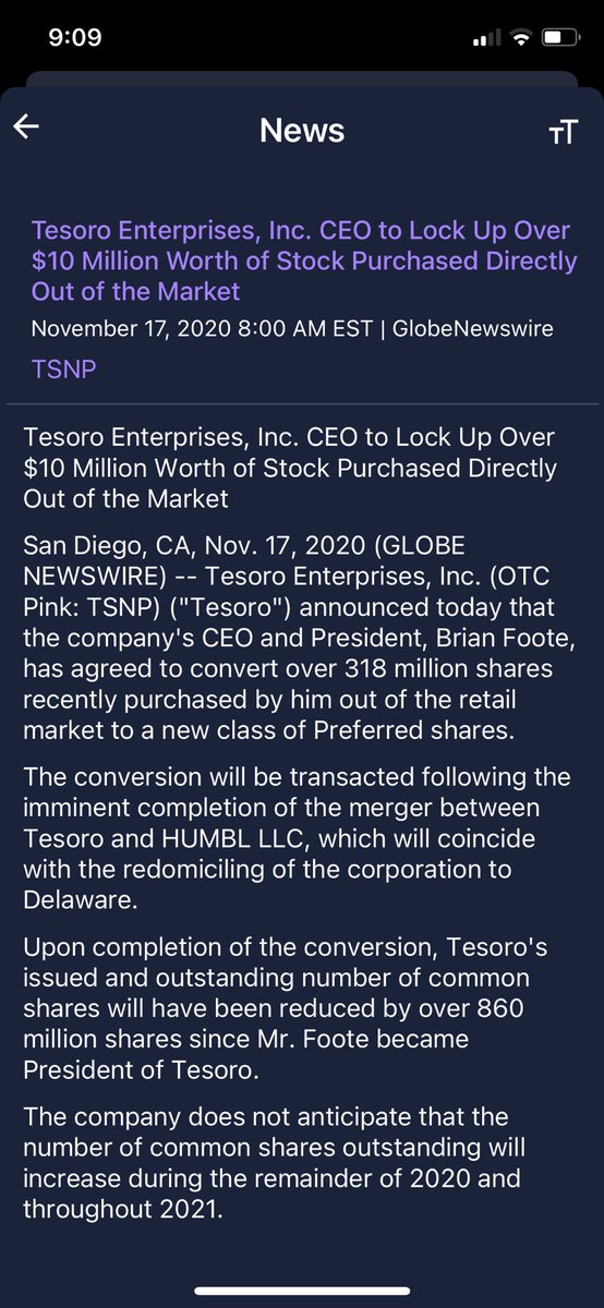 Straight from the PR No anticipated dilution:“The company does not anticipate that the number of common shares outstanding will increase during the remainder of 2020 and 2021. &TSNP is a once in a lifetime OTC. I can’t invest for you but please look at all the bullish signals