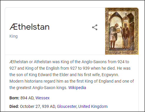 Æthelstan was the grandson of King Alfred of Wessex (reigned 871–899) and the son of King Edward the Elder (reigned 899–924).