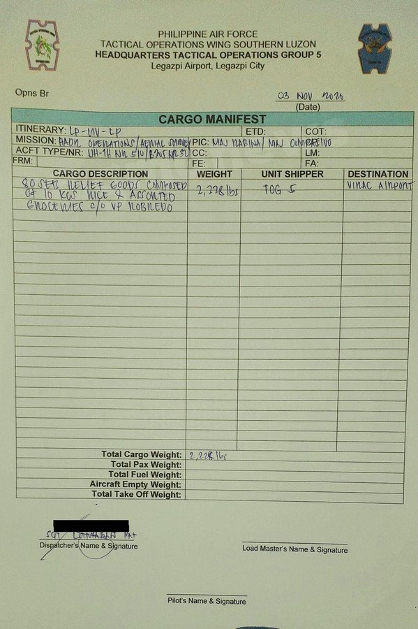 <a href="/zhandercayabyab/">Zhander Cayabyab</a> LOOK: The manifesto of Air Force Huey helicopter which brought relief goods from the Office of the Vice President from Legazpi City, Albay to Catanduanes on November 3 (Courtesy: DND Sec. Lorenzana) | via <a href="/zhandercayabyab/">Zhander Cayabyab</a>