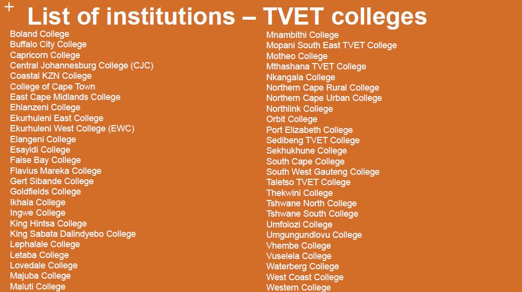 myNSFAS's tweet photo. You qualify for a NSFAS bursary if you plan on registering or you are already studying at one of the public TVET colleges on this poster.  NSFAS does not fund private institutions
#NSFAS2021 https://t.co/RWKdL1NJQU