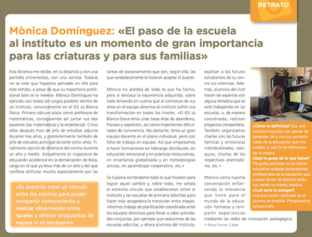 RosaFornerCalpe's tweet photo. ¿Crees necesario crear un vinculo entre el instituto y las escuelas adscritas para hacer más acogedora la transición entre etapas? De ello nos habla @mdg_monica en el último retrato de @EditorialGrao https://t.co/yqxfQCegVu  #primaria #secundaria #educación #iessablancadona https://t.co/lRU2ciAEk4