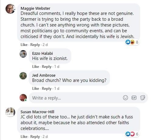 Meanwhile, Keir visited a local synagogue on 15 November, let’s see what people following the Labour Party Facebook have to say: