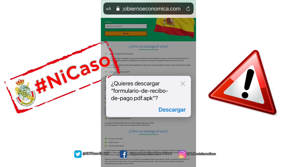 GDTGuardiaCivil's tweet photo. 🚨#GDTAlerta🚨
Detectada campaña de #malware para Android bajo la apariencia de una solicitud de ayudas económicas por la #COVID19.
El enlace se está difundiendo por #Whatsapp y redirige directamente a la descarga de un archivo apk malicioso.
¡NO ACEPTES LA DESCARGA! https://t.co/dtBoVQC8sv