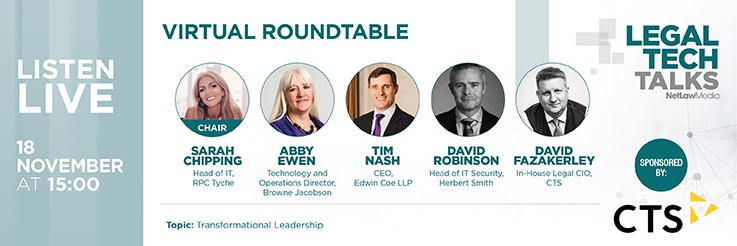 FLAnderson's tweet photo. An elite #LegalTech Talks, today at 15:00 in-conjunction with @CTS_Cloud_IT . Welcoming a powerful and insightful speaker line-up for a discussion which will explore the changing culture of leadership within legal services. @RPCLaw @abbyewen, @EdwinCoe @HSFlegal @DavidFazakerle4 https://t.co/Sht5EHlmZF