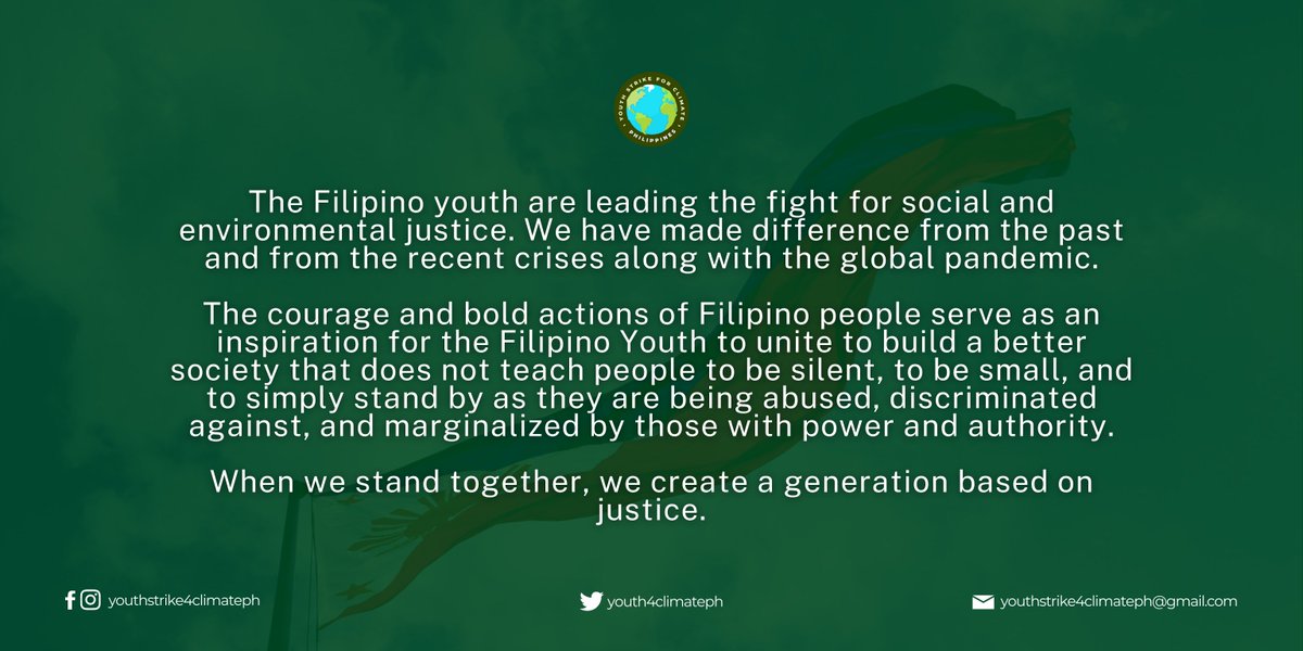 ANG MASA ANG TUNAY NA INSPIRASYON!

From the past weeks, #QuintaPH, #RollyPH, #SionyPH, #TonyoPH, #UlyssesPH ravaged the whole country. 

Once again, Filipinos bear the impacts of the climate crisis but the Filipino youth stand up.

#ClimateJusticeNow
#ClimateActionNow